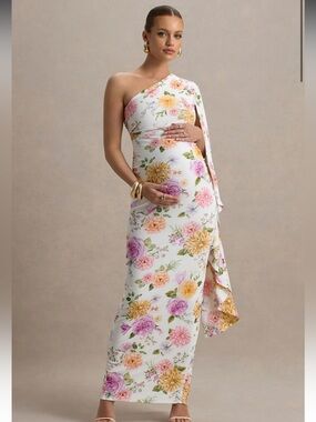 One-Shoulder Floral Midi Dress in White with Pink & Yellow Blooms